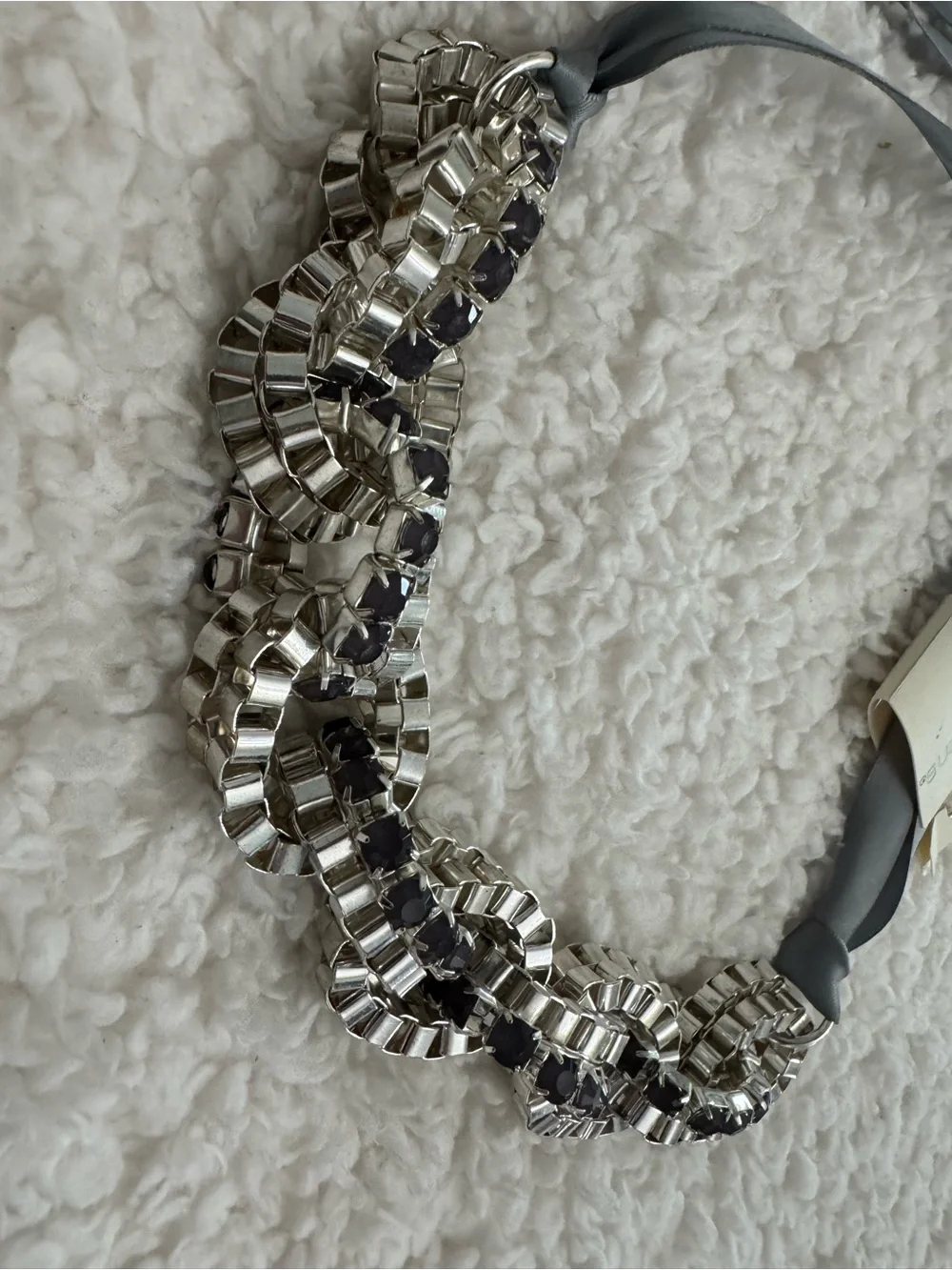 Arden B Crystal-Link & Grey Silk Ribbon Necklace